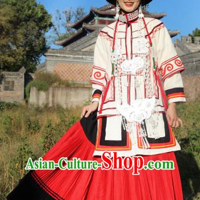 China Yi Nationality Bride Outfits Clothing Traditional Liangshan Ethnic Stage Performance Costumes and Headdress