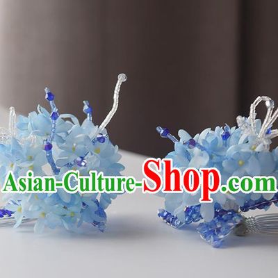 Chinese Handmade Cheongsam Hair Accessories Traditional Hanfu Blue Flowers Hair Comb