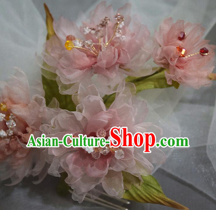 Chinese Traditional Ming Dynasty Hanfu Hair Comb Handmade Ancient Princess Pink Silk Peony Hairpin Chinese Traditional Ming Dynasty Hanfu Hair Comb Handmade Ancient Princess Pink Silk Peony Hairpin