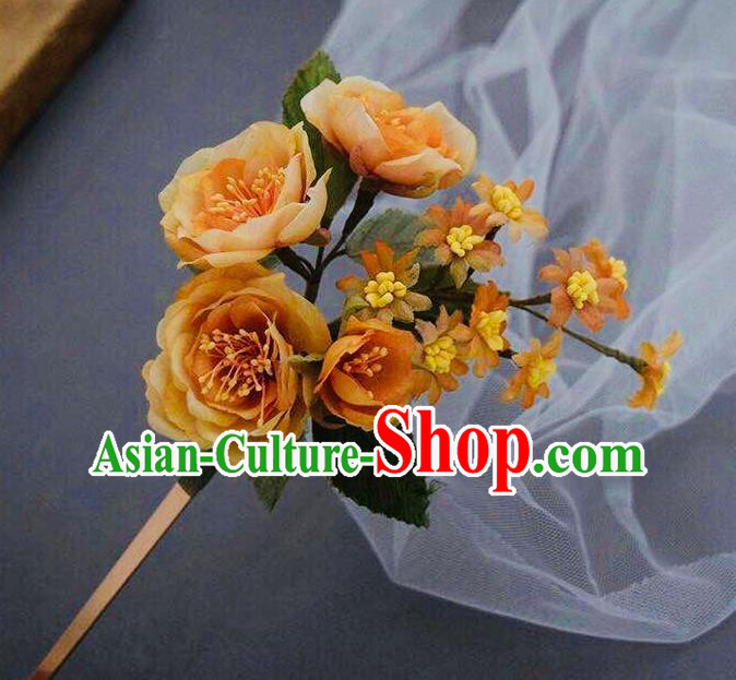 Chinese Handmade Ancient Palace Lady Hairpin Traditional Song Dynasty Orange Silk Flowers Hair Stick Chinese Handmade Ancient Palace Lady Hairpin Traditional Song Dynasty Orange Silk Flowers Hair Stick