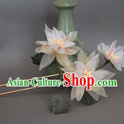 Chinese Ancient Palace Lady Hairpin Traditional Hanfu Champagne Silk Flowers Hair Stick