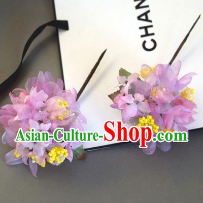 Chinese Handmade Qipao Dress Hydrangea Hairpin Traditional Hanfu Violet Silk Flowers Hair Stick