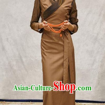 China Zang Nationality Woman Informal Clothing Tibetan Ethnic Brown Bola Dress