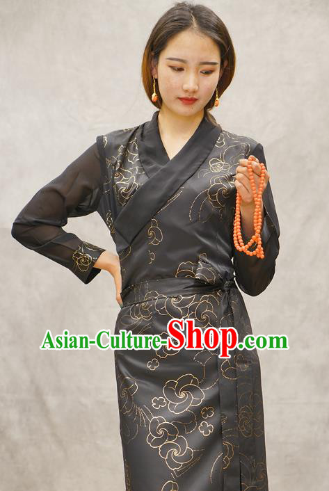 China Zang Nationality Female Informal Clothing Tibetan Ethnic Printing Grey Bola Dress China Zang Nationality Female Informal Clothing Tibetan Ethnic Printing Grey Bola Dress