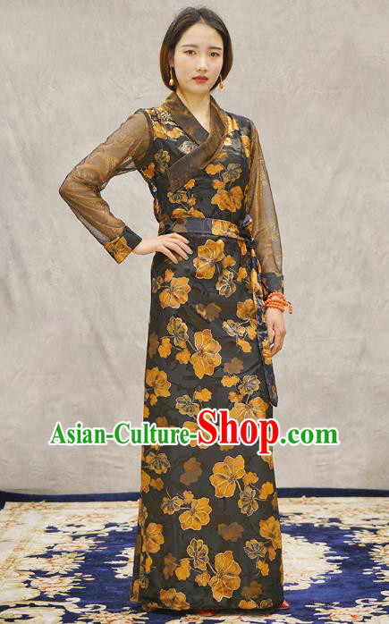 China Tibetan Ethnic Woman Dress Zang Nationality Printing Black Bola Clothing China Tibetan Ethnic Woman Dress Zang Nationality Printing Black Bola Clothing