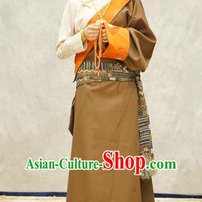 China Ethnic Woman Costume Zang Nationality Clothing Khaki Tibetan Robe