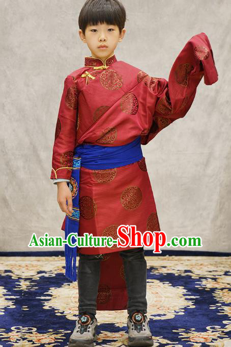 Chinese Zang Nationality Boys Costumes Tibetan Ethnic Children Red Brocade Uniforms Chinese Zang Nationality Boys Costumes Tibetan Ethnic Children Red Brocade Uniforms