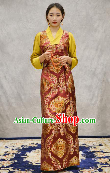 China Zang Nationality Red Brocade Bola Dress Clothing Tibetan Ethnic Woman Costume China Zang Nationality Red Brocade Bola Dress Clothing Tibetan Ethnic Woman Costume
