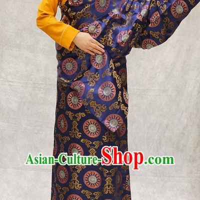 China Zang Nationality Clothing Ethnic Woman Stage Performance Costume Deep Blue Brocade Tibetan Robe