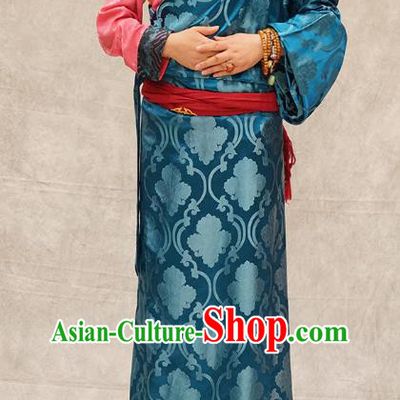 China Ethnic Woman Stage Performance Costume Blue Brocade Tibetan Robe Zang Nationality Clothing