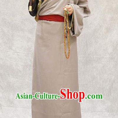 China Zang Nationality Clothing Ethnic Woman Stage Performance Costume Apricot Tibetan Robe