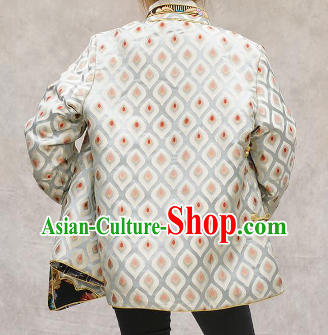 Chinese Tibetan Nationality Woman Clothing Zang Minority White Brocade Jacket Chinese Tibetan Nationality Woman Clothing Zang Minority White Brocade Jacket