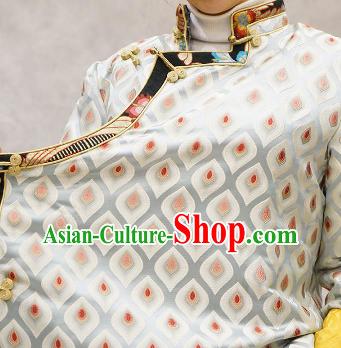 Chinese Tibetan Nationality Woman Clothing Zang Minority White Brocade Jacket Chinese Tibetan Nationality Woman Clothing Zang Minority White Brocade Jacket
