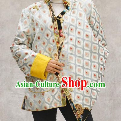 Chinese Tibetan Nationality Woman Clothing Zang Minority White Brocade Jacket