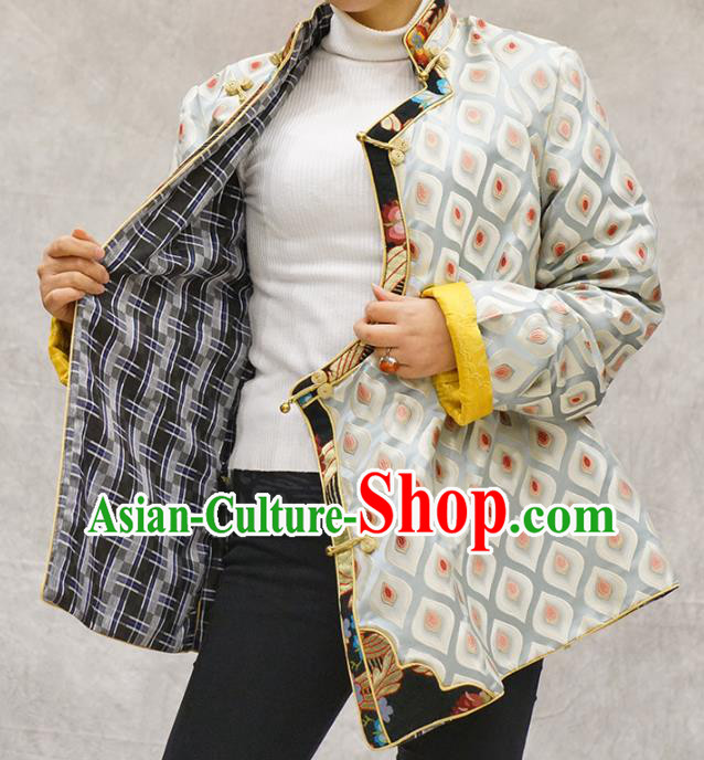 Chinese Tibetan Nationality Woman Clothing Zang Minority White Brocade Jacket Chinese Tibetan Nationality Woman Clothing Zang Minority White Brocade Jacket