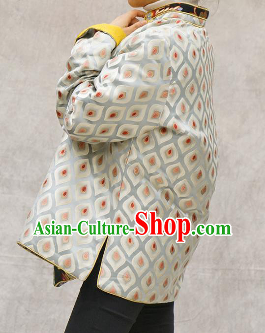 Chinese Tibetan Nationality Woman Clothing Zang Minority White Brocade Jacket Chinese Tibetan Nationality Woman Clothing Zang Minority White Brocade Jacket