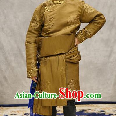 Chinese Zang Nationality Boys Clothing Tibetan Ethnic Children Green Brocade Jacket