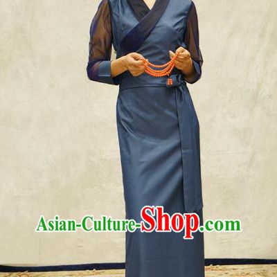 China Zang Nationality Bola Clothing Tibetan Ethnic Female Blue Dress