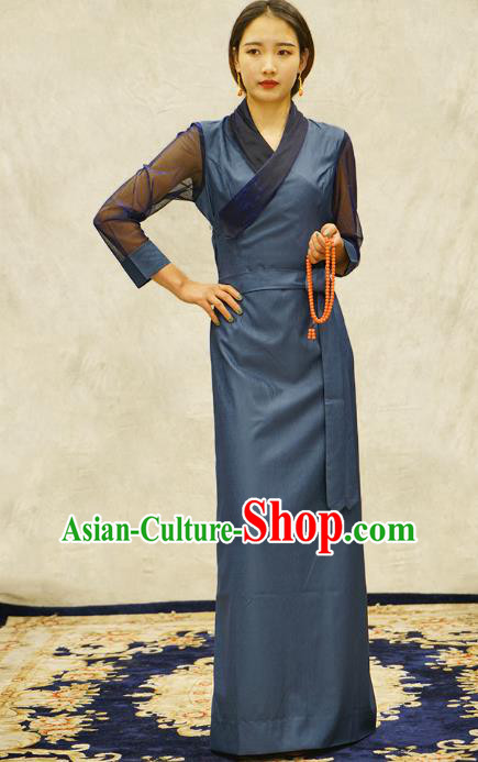 China Zang Nationality Bola Clothing Tibetan Ethnic Female Blue Dress China Zang Nationality Bola Clothing Tibetan Ethnic Female Blue Dress