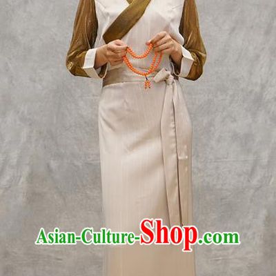 China Tibetan Ethnic Female Beige Dress Zang Nationality Bola Clothing