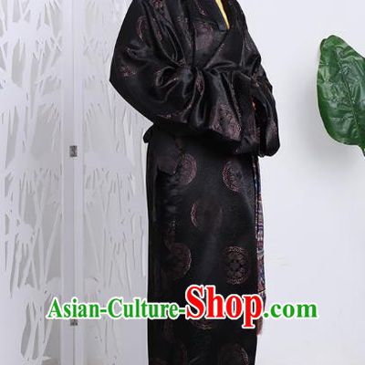 Chinese Black Brocade Tibetan Robe Zang Nationality Woman Clothing Minority Stage Performance Costume