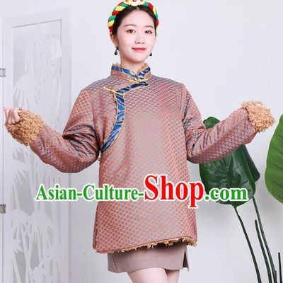 Chinese Tibetan Minority Pink Brocade Cotton Wadded Jacket Costume Zang Nationality Woman Winter Outer Garment Clothing