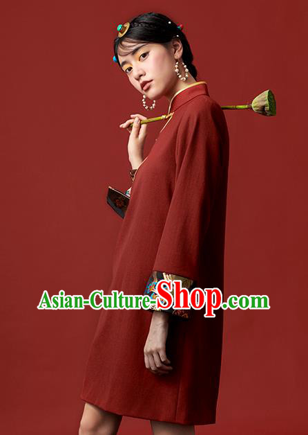 China Zang Nationality Red Dress Clothing Tibetan Ethnic Young Lady Costume China Zang Nationality Red Dress Clothing Tibetan Ethnic Young Lady Costume