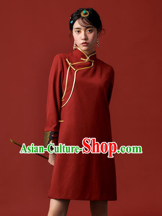 China Zang Nationality Red Dress Clothing Tibetan Ethnic Young Lady Costume China Zang Nationality Red Dress Clothing Tibetan Ethnic Young Lady Costume
