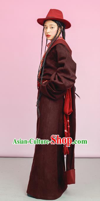 China Tibetan Ethnic Woolen Robe Costume Zang Nationality Folk Dance Clothing China Tibetan Ethnic Woolen Robe Costume Zang Nationality Folk Dance Clothing