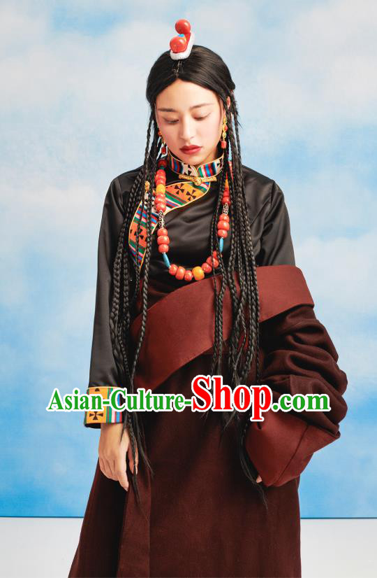 China Tibetan Ethnic Woolen Robe Costume Zang Nationality Folk Dance Clothing China Tibetan Ethnic Woolen Robe Costume Zang Nationality Folk Dance Clothing