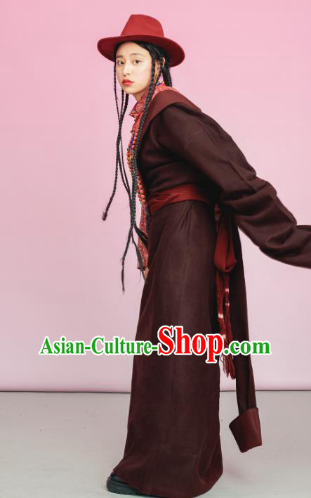 China Tibetan Ethnic Woolen Robe Costume Zang Nationality Folk Dance Clothing China Tibetan Ethnic Woolen Robe Costume Zang Nationality Folk Dance Clothing