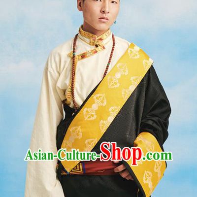 Chinese Tibetan Minority Black Brocade Robe Costume Zang Nationality Folk Dance Clothing for Men