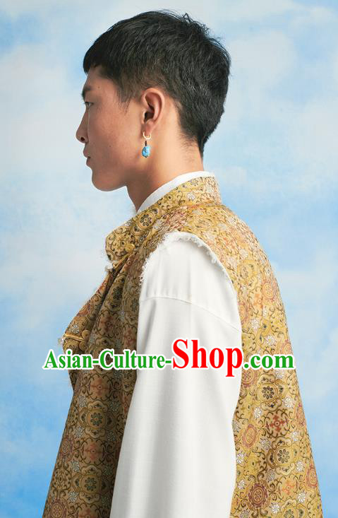 Chinese Zang Nationality Waistcoat Clothing Tibetan Ethnic Male Yellow Brocade Vest