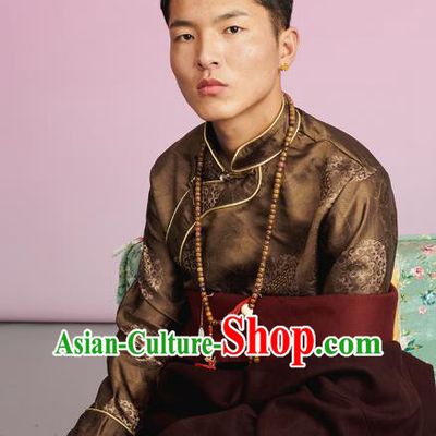 Chinese Zang Nationality Upper Outer Garment Clothing Tibetan Ethnic Male Brown Brocade Shirt