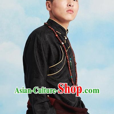 Chinese Zang Nationality Upper Outer Garment Clothing Tibetan Ethnic Black Brocade Shirt for Men