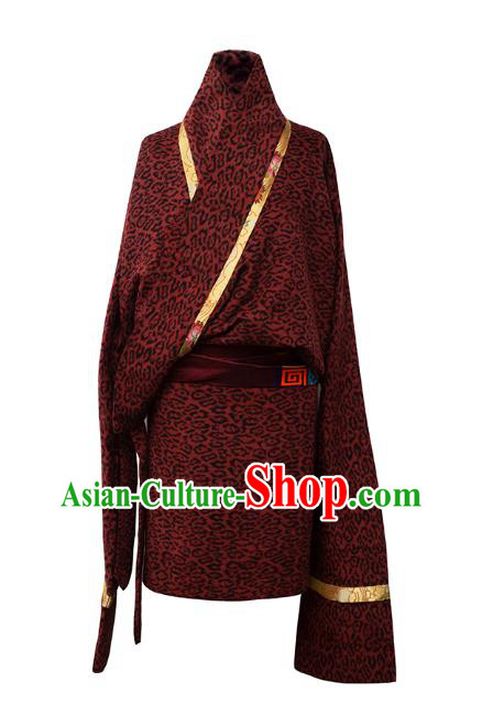 Chinese Zang Nationality Winter Outer Garment Clothing Tibetan Ethnic Red Woolen Leopard Robe Chinese Zang Nationality Winter Outer Garment Clothing Tibetan Ethnic Red Woolen Leopard Robe