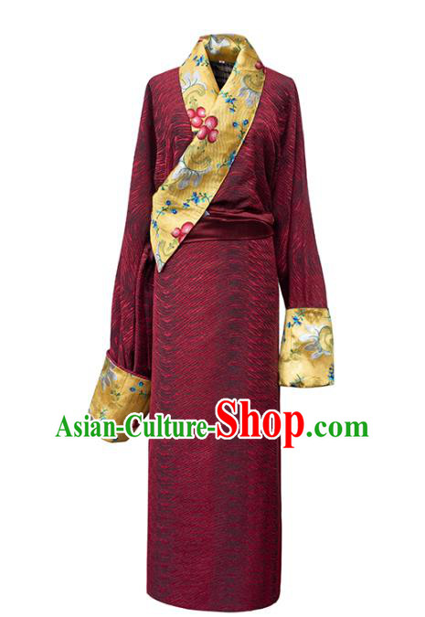 China Zang Nationality Kangba Clothing Tibetan Ethnic Dark Red Robe Costume China Zang Nationality Kangba Clothing Tibetan Ethnic Dark Red Robe Costume