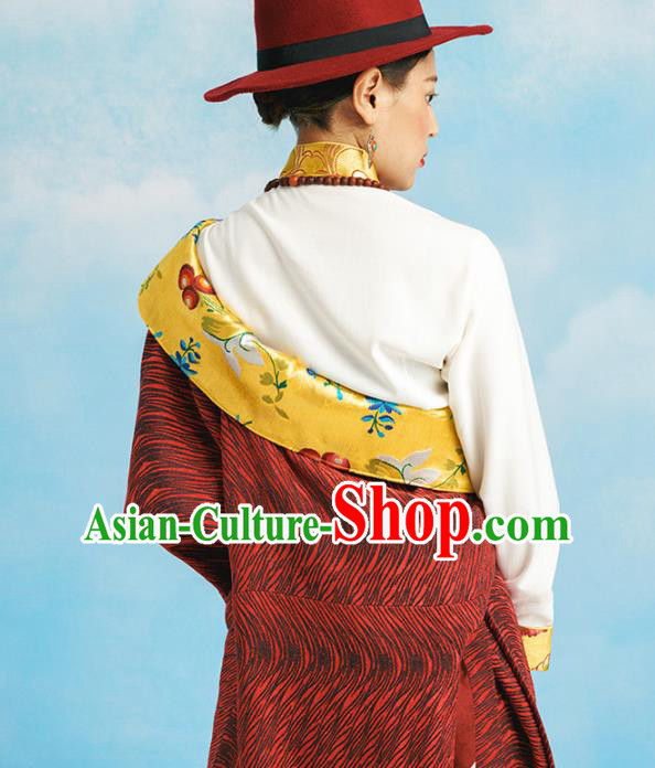 China Zang Nationality Kangba Clothing Tibetan Ethnic Dark Red Robe Costume China Zang Nationality Kangba Clothing Tibetan Ethnic Dark Red Robe Costume