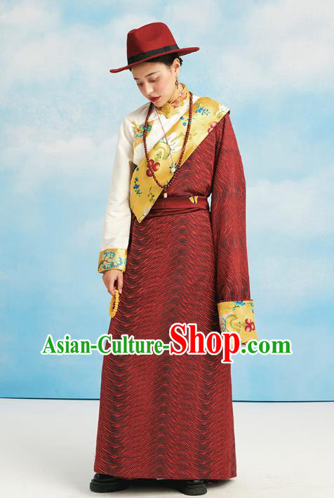 China Zang Nationality Kangba Clothing Tibetan Ethnic Dark Red Robe Costume China Zang Nationality Kangba Clothing Tibetan Ethnic Dark Red Robe Costume