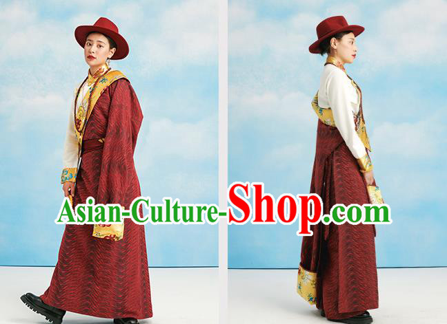 China Zang Nationality Kangba Clothing Tibetan Ethnic Dark Red Robe Costume China Zang Nationality Kangba Clothing Tibetan Ethnic Dark Red Robe Costume