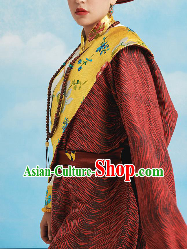 China Zang Nationality Kangba Clothing Tibetan Ethnic Dark Red Robe Costume China Zang Nationality Kangba Clothing Tibetan Ethnic Dark Red Robe Costume