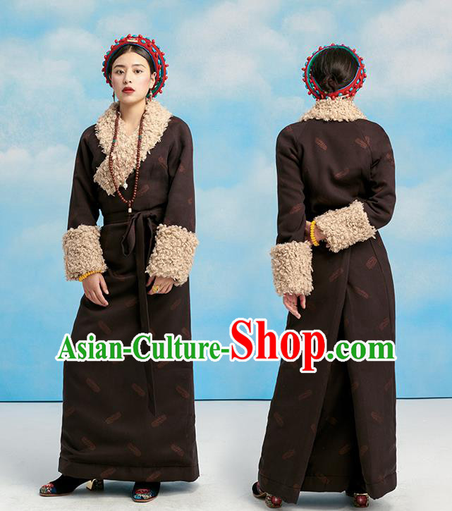 China Tibetan Ethnic Folk Dance Winter Costume Zang Nationality Deep Brown Bola Robe Clothing China Tibetan Ethnic Folk Dance Winter Costume Zang Nationality Deep Brown Bola Robe Clothing