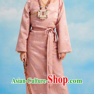 China Zang Nationality Pink Bola Dress Clothing Tibetan Ethnic Folk Dance Costume
