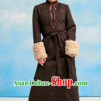 China Zang Nationality Deep Brown Bola Dress Clothing Tibetan Ethnic Stage Performance Costume