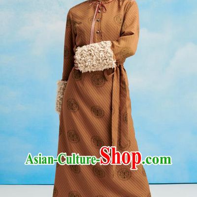 China Zang Nationality Ginger Lamb Wool Bola Dress Clothing Tibetan Ethnic Woman Winter Costume