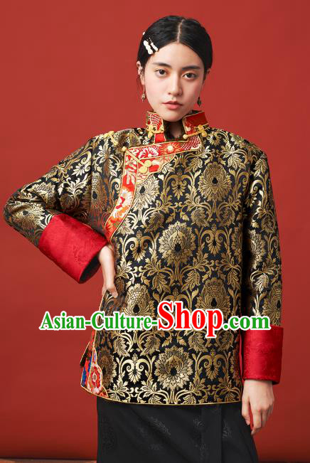 Chinese Zang Nationality Outer Garment Clothing Tibetan Ethnic Black Brocade Jacket Chinese Zang Nationality Outer Garment Clothing Tibetan Ethnic Black Brocade Jacket