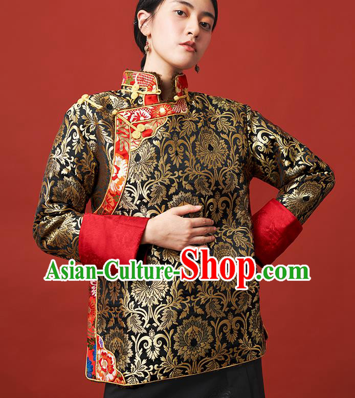 Chinese Zang Nationality Outer Garment Clothing Tibetan Ethnic Black Brocade Jacket Chinese Zang Nationality Outer Garment Clothing Tibetan Ethnic Black Brocade Jacket