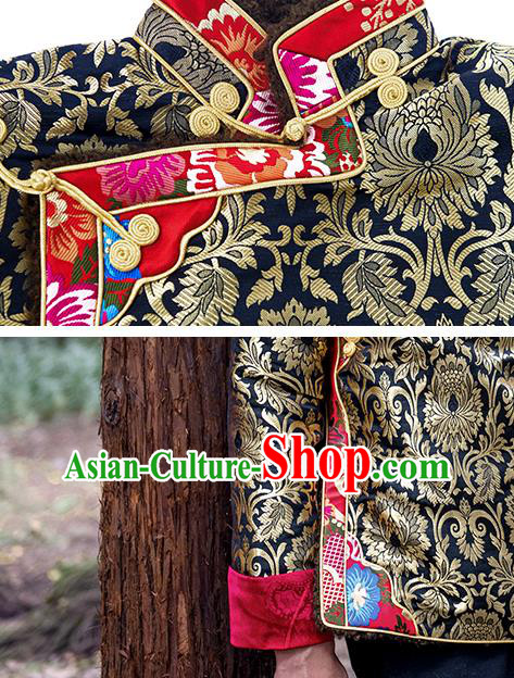 Chinese Zang Nationality Outer Garment Clothing Tibetan Ethnic Black Brocade Jacket Chinese Zang Nationality Outer Garment Clothing Tibetan Ethnic Black Brocade Jacket