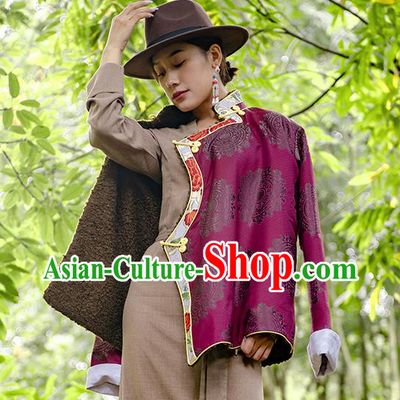 Chinese Tibetan Ethnic Purple Brocade Jacket Zang Nationality Outer Garment Clothing