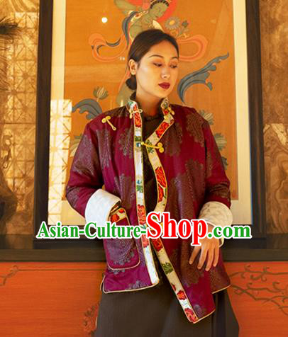 Chinese Tibetan Ethnic Purple Brocade Jacket Zang Nationality Outer Garment Clothing Chinese Tibetan Ethnic Purple Brocade Jacket Zang Nationality Outer Garment Clothing